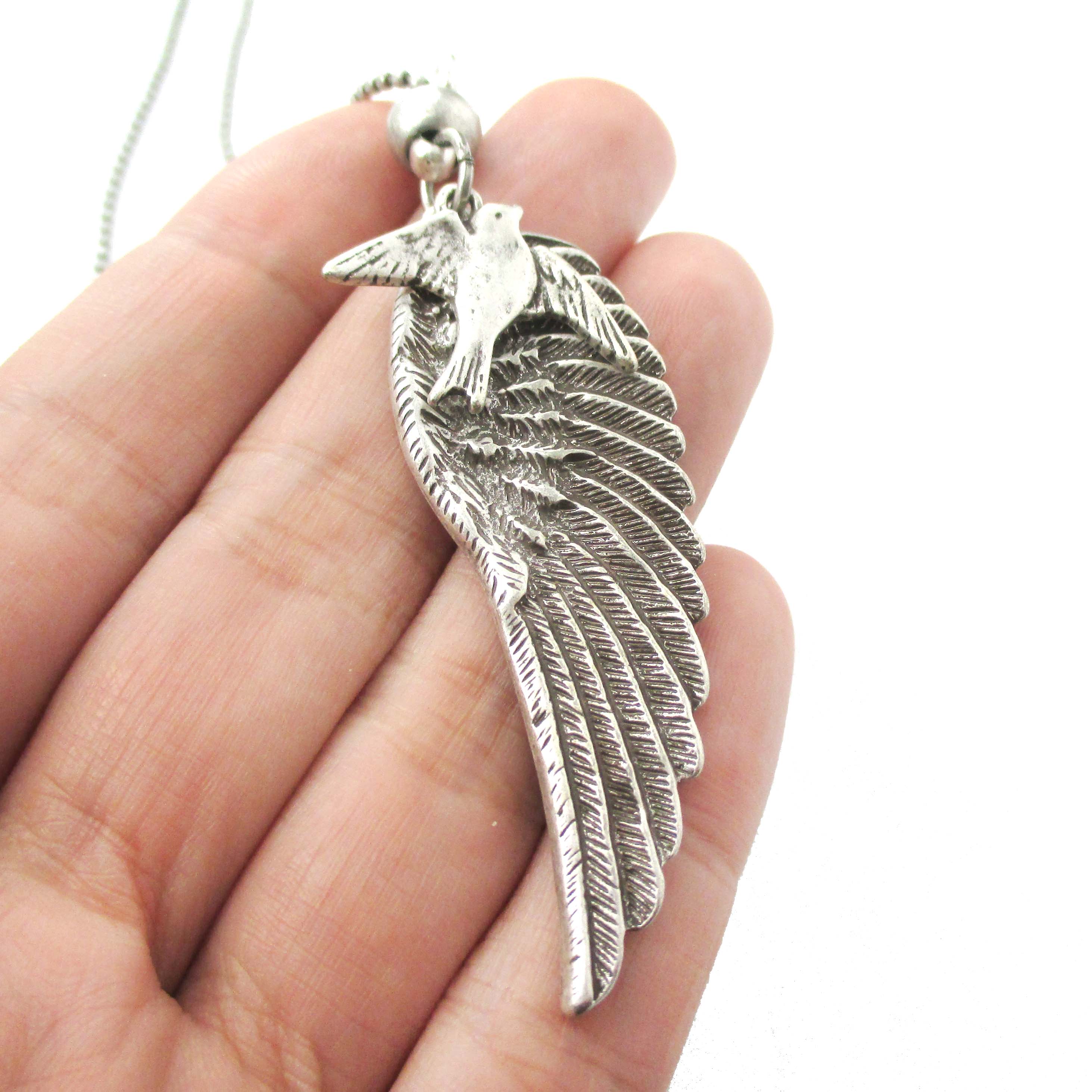 Large Feather Wings Shaped Pendant Necklace in Silver · DOTOLY Animal