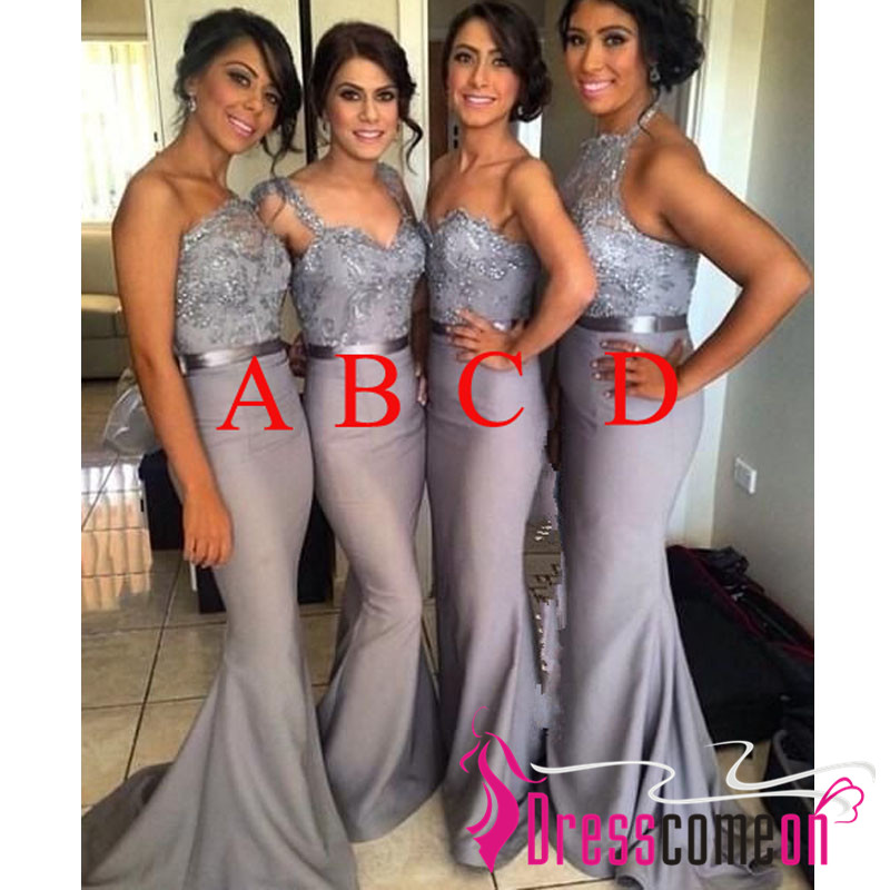 Modest V neck Silver Grey Bridesmaid Dress Long Gray Cheap Bridesmaid