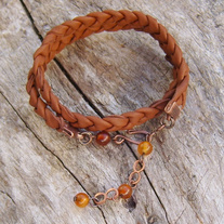 Brown Braided Leather Wrap Bracelet with Golden Horn Beads