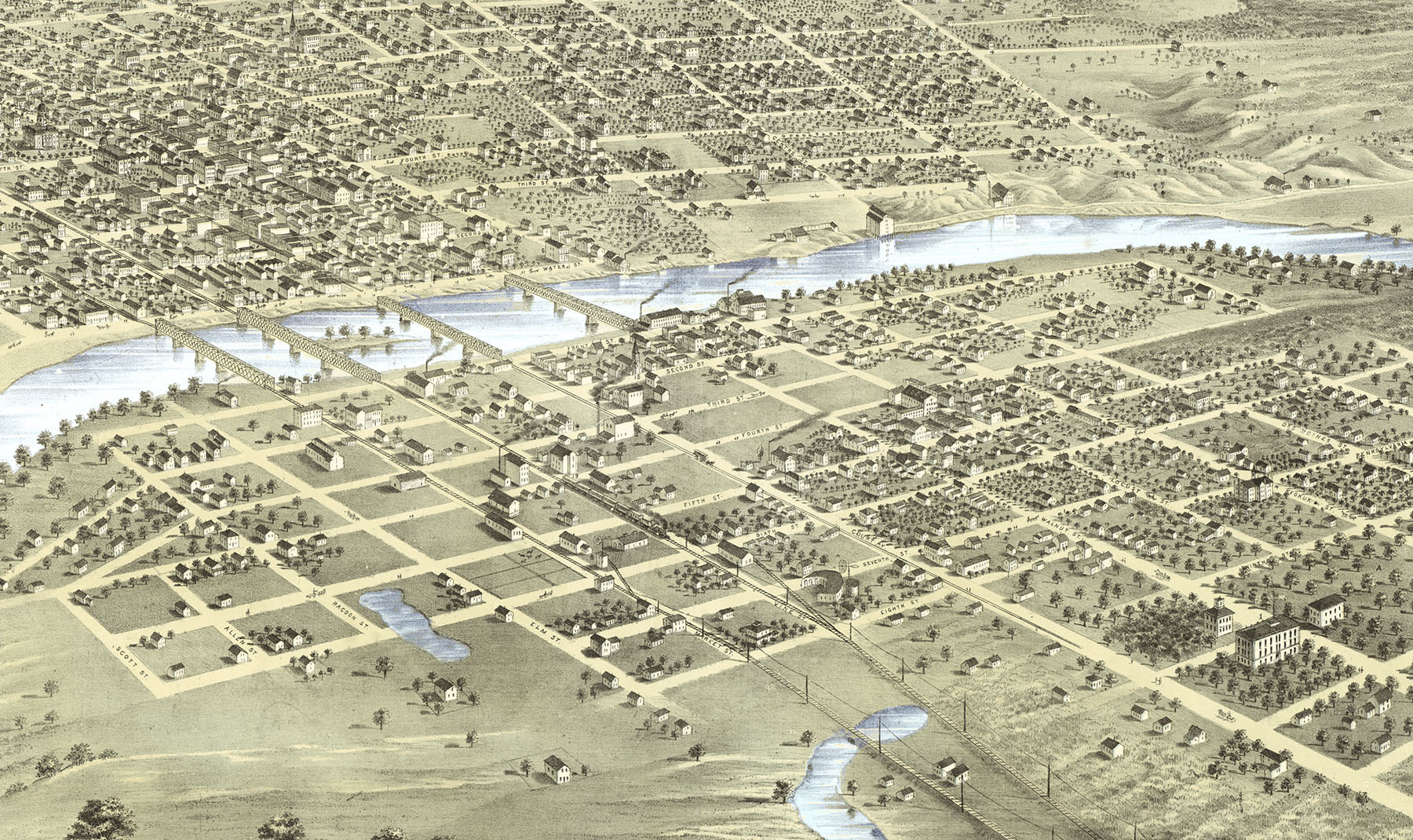 Des Moines, Iowa in 1868 Bird's Eye View Map, Aerial map, Panorama