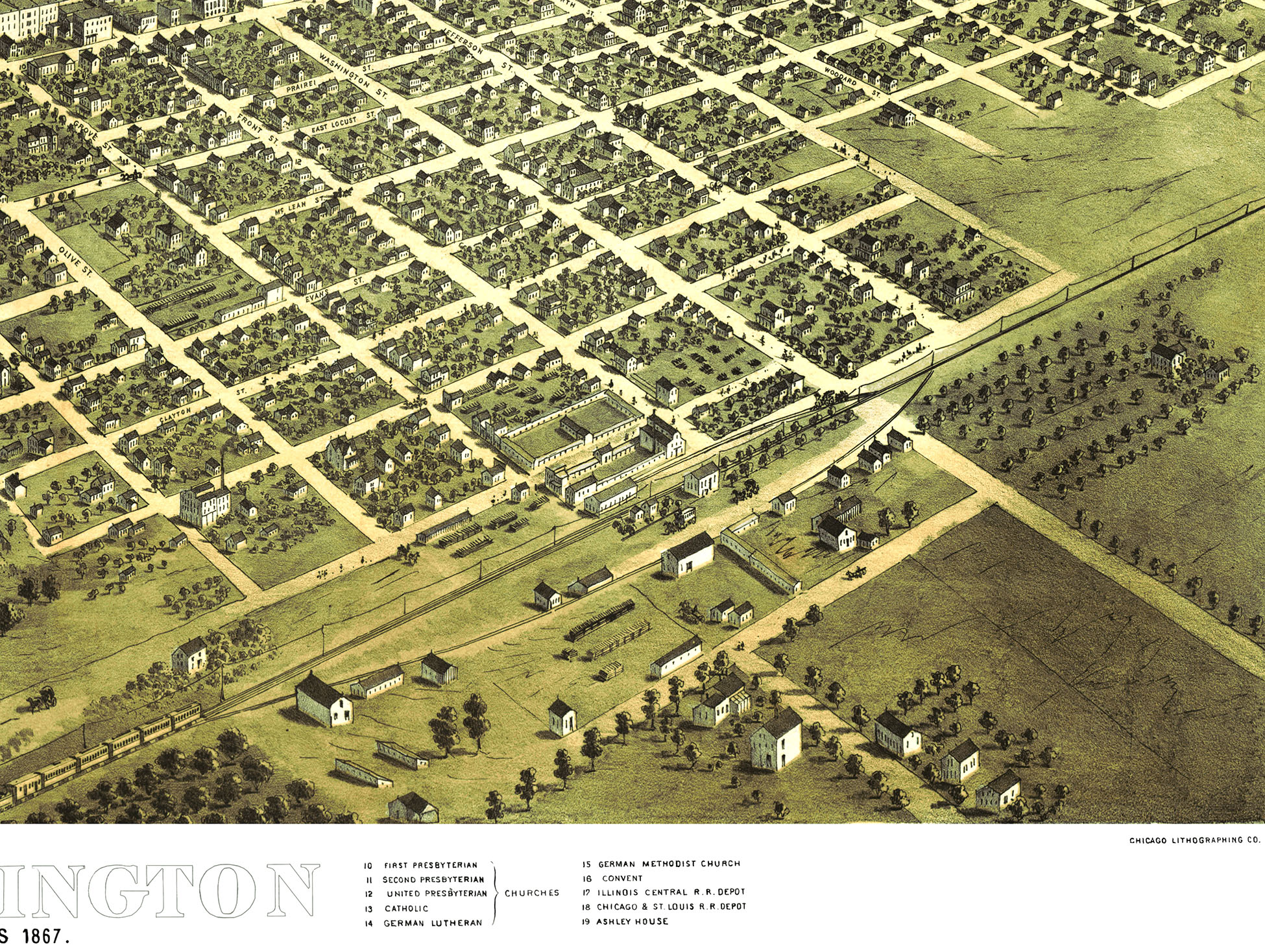 Bloomington, Illinois in 1867 Bird's Eye View, Map, Aerial, Panorama