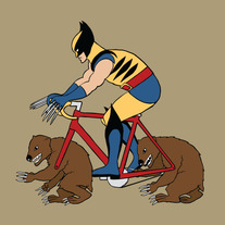 Wolverine riding bike with wolverine wheels, 5x5 print