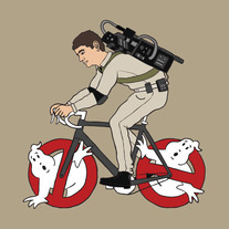 Ghostbuster riding bike with ghost wheels, 5x5 print
