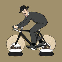 Citizen Kane riding bike with snow globe wheels, 5x5 print