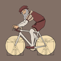 Leonardo Da Vinci riding bike with anatomy wheels, 5x5 print