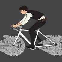 Han Solo riding bike with millennium falcon wheels, 5x7 print