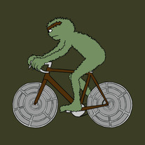 Oscar the grouch riding bike with trash can lid wheels, 5x5 print