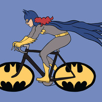 Batgirl riding bike with Batgirl logo wheels, 5x7 print