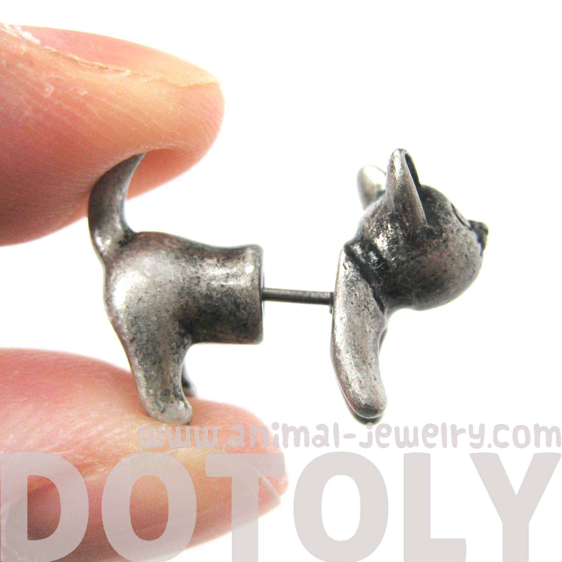 Adorable Kitty Cat Animal Stud Earrings in Silver Fake Gauge Earrings