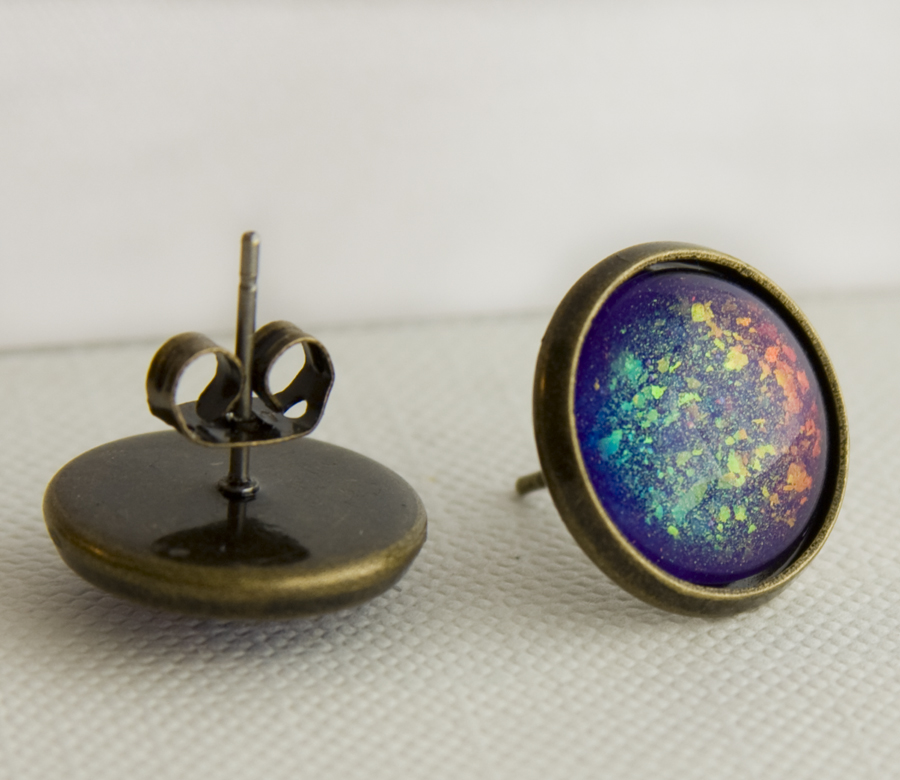 Supernova Cosmic Rainbow Holographic Post Earrings in Antique Bronze on
