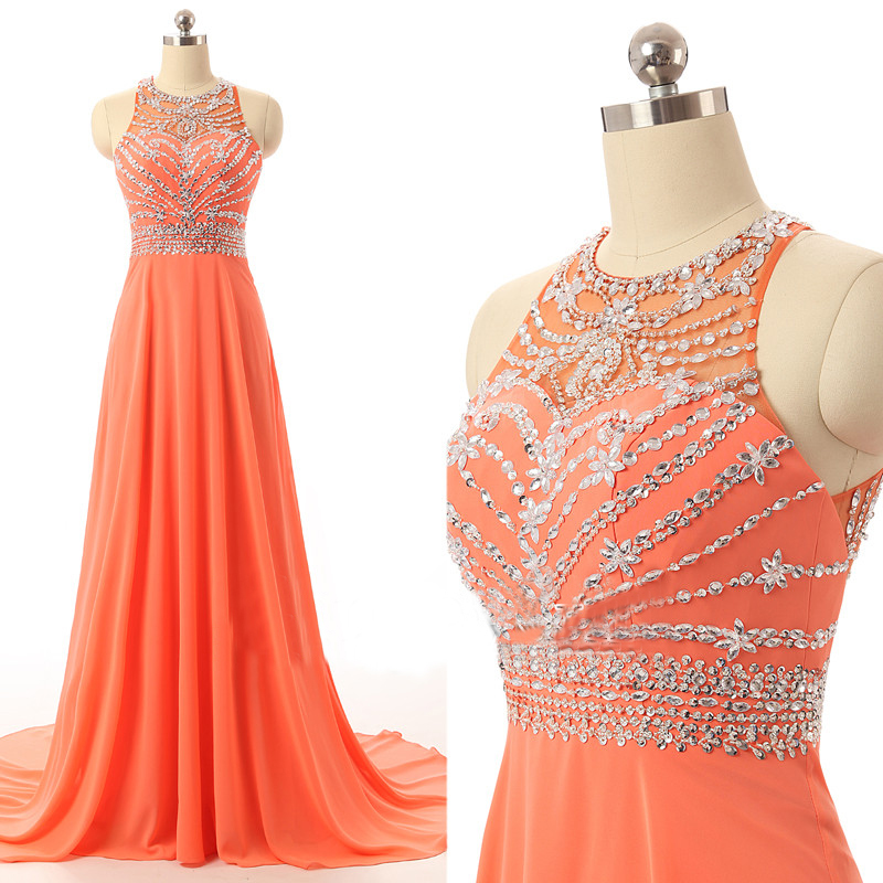 Prom Dresses Long for Teens Orange Chiffon Beads Bodice