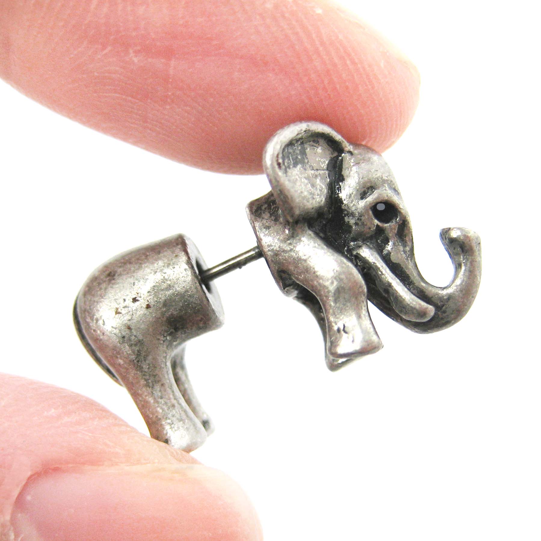 Unique 3D Fake Gauge Elephant Animal Stud Earrings in Silver · DOTOLY Animal Jewelry · The