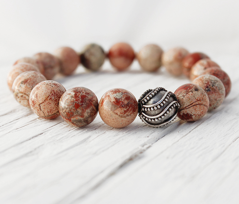 Breccia Poppy Jasper Sterling Silver bead bracelet / earthy mauve pink