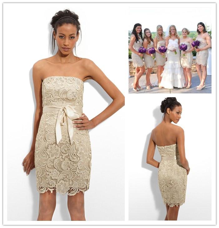 Short bridesmaid dress, lace bridesmaid dress, cheap strapless