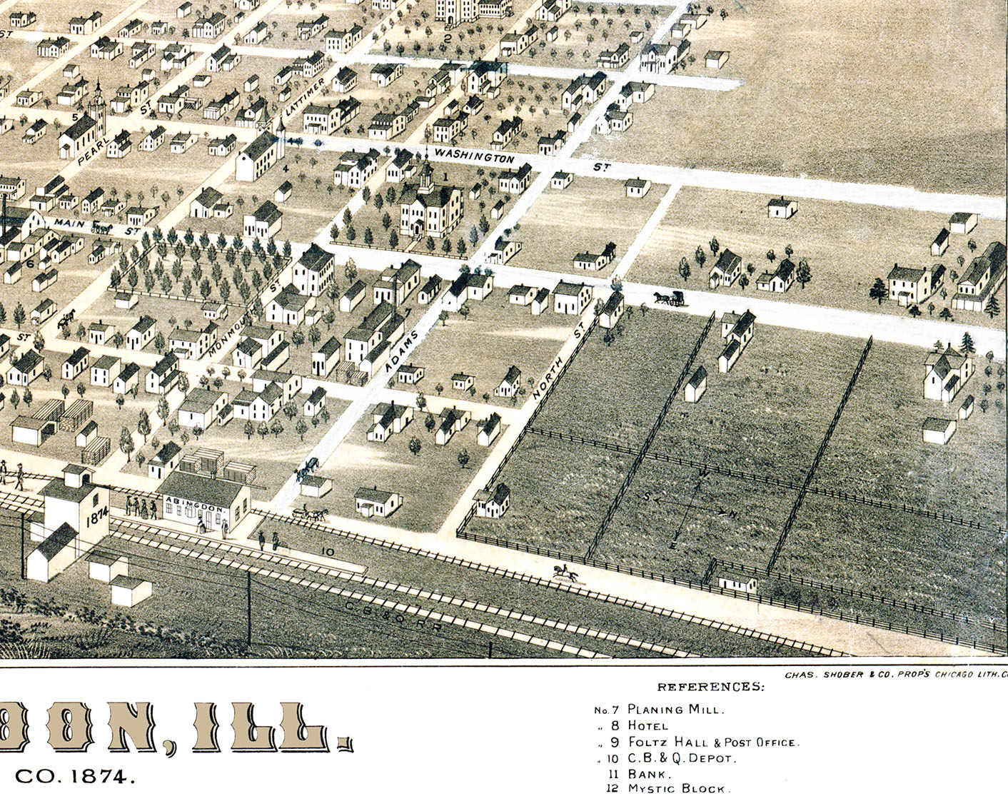 Abingdon, Illinois in 1874 Bird's Eye View, Map, Aerial, Panorama