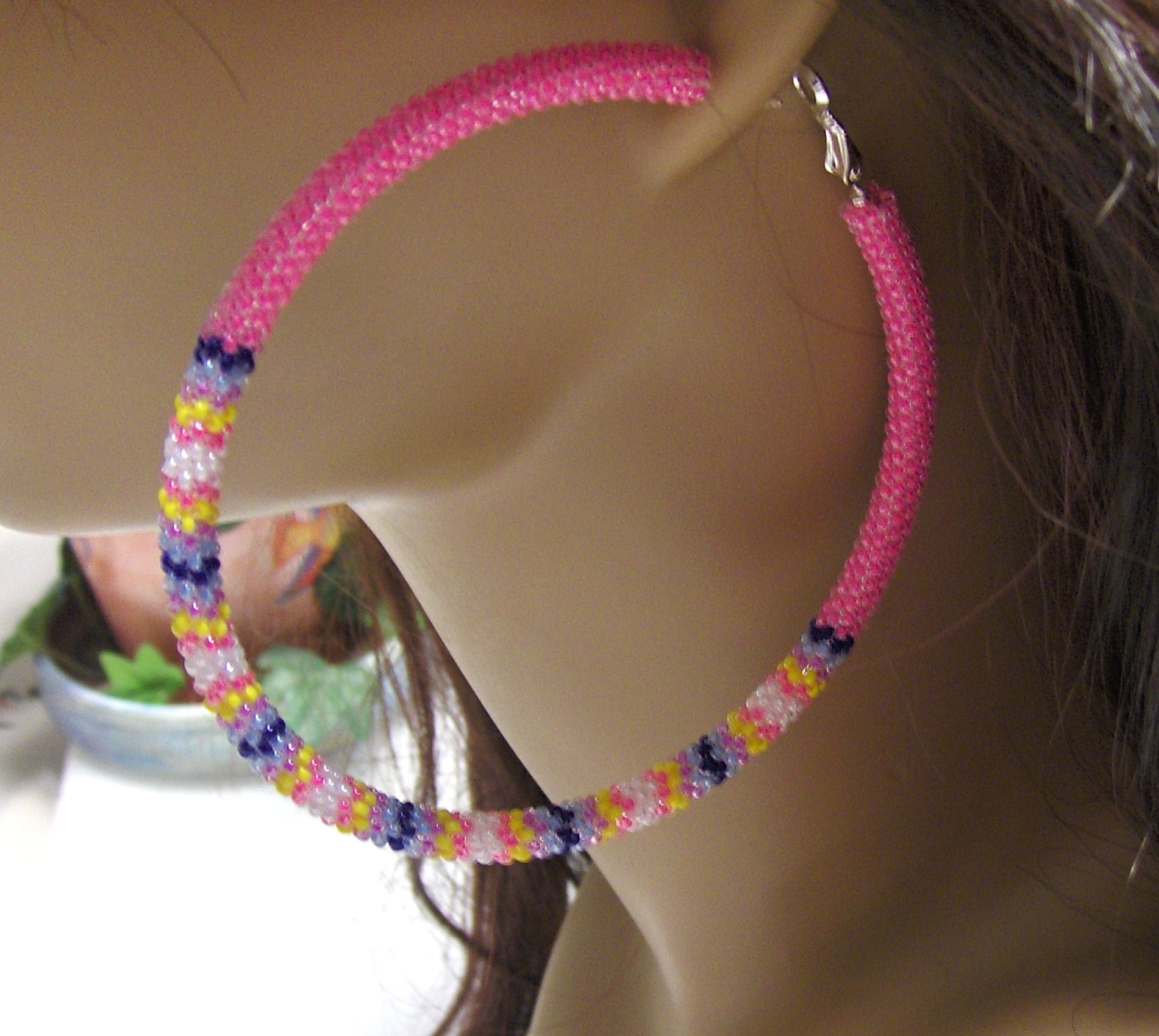 Extra Large Beaded Hoop Earrings In Hot Pink 3 Inch Diameter · The