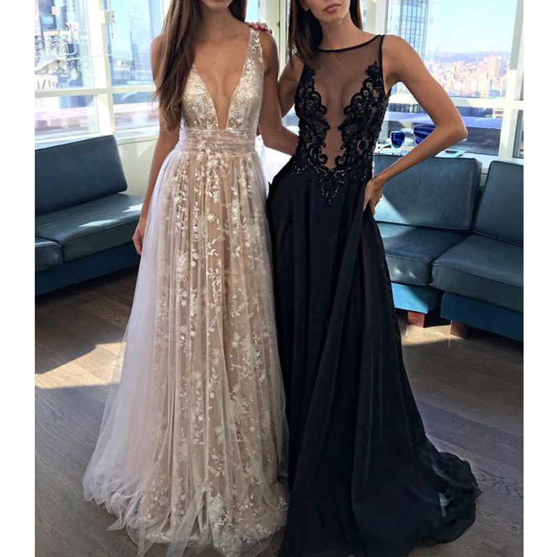 Lace prom dresses, long prom dresses, deep v neck prom dress, unique