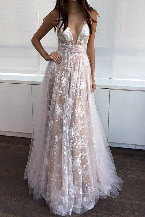 Deep V Neck Nude Line White Lace Prom Dresses Long Formal Dresses Pd On Storenvy