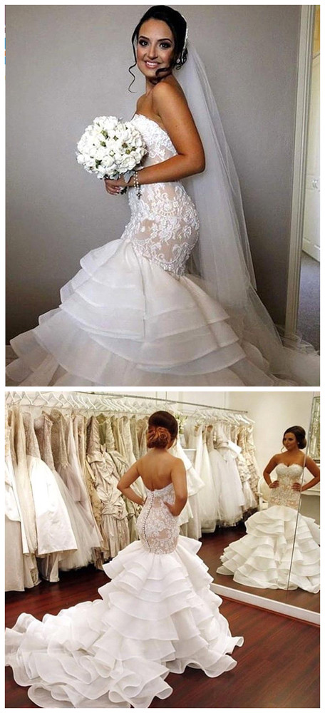 Stunning Sweetheart Mermaid Lace Wedding Dress Ruffles ...