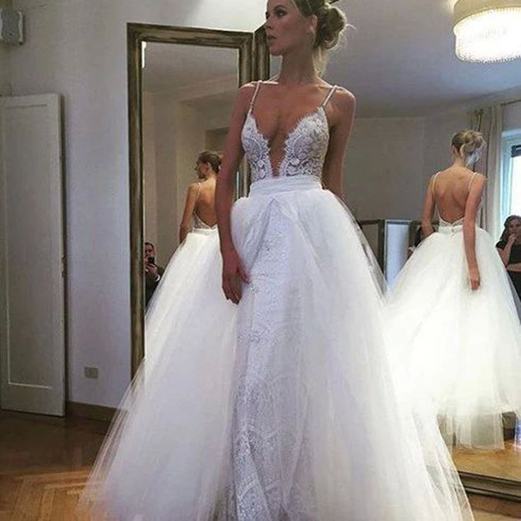 Lace Bridal Dress with Open Back,Deep V Neck Wedding Dress