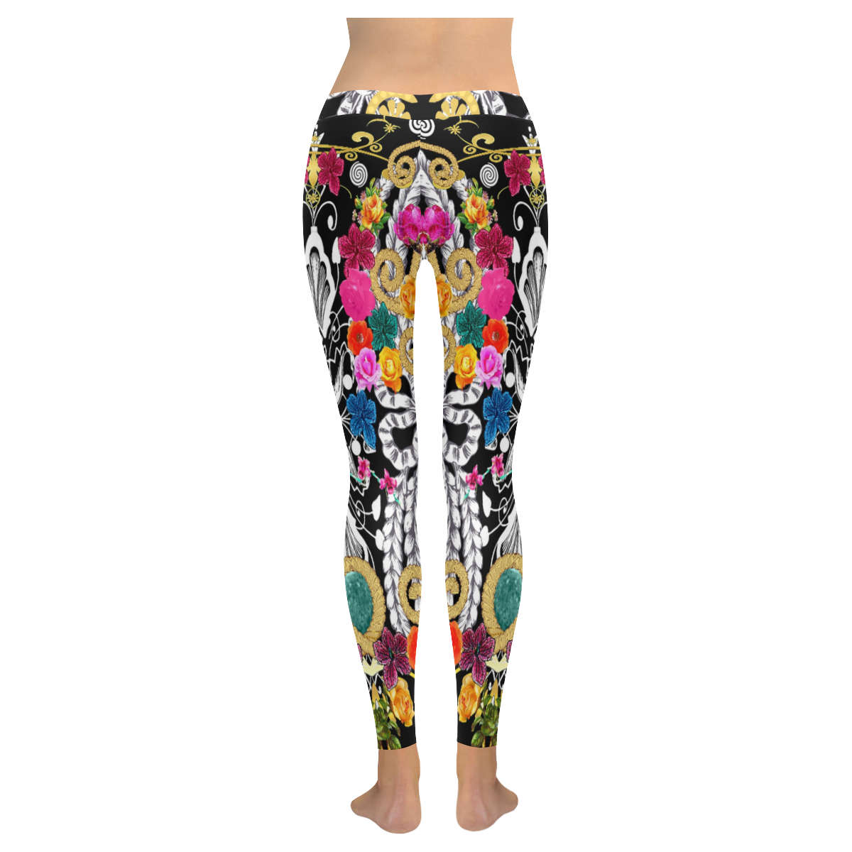 Funky Gold Scrolls with Flowers Black Women's Low Rise Leggings on Storenvy