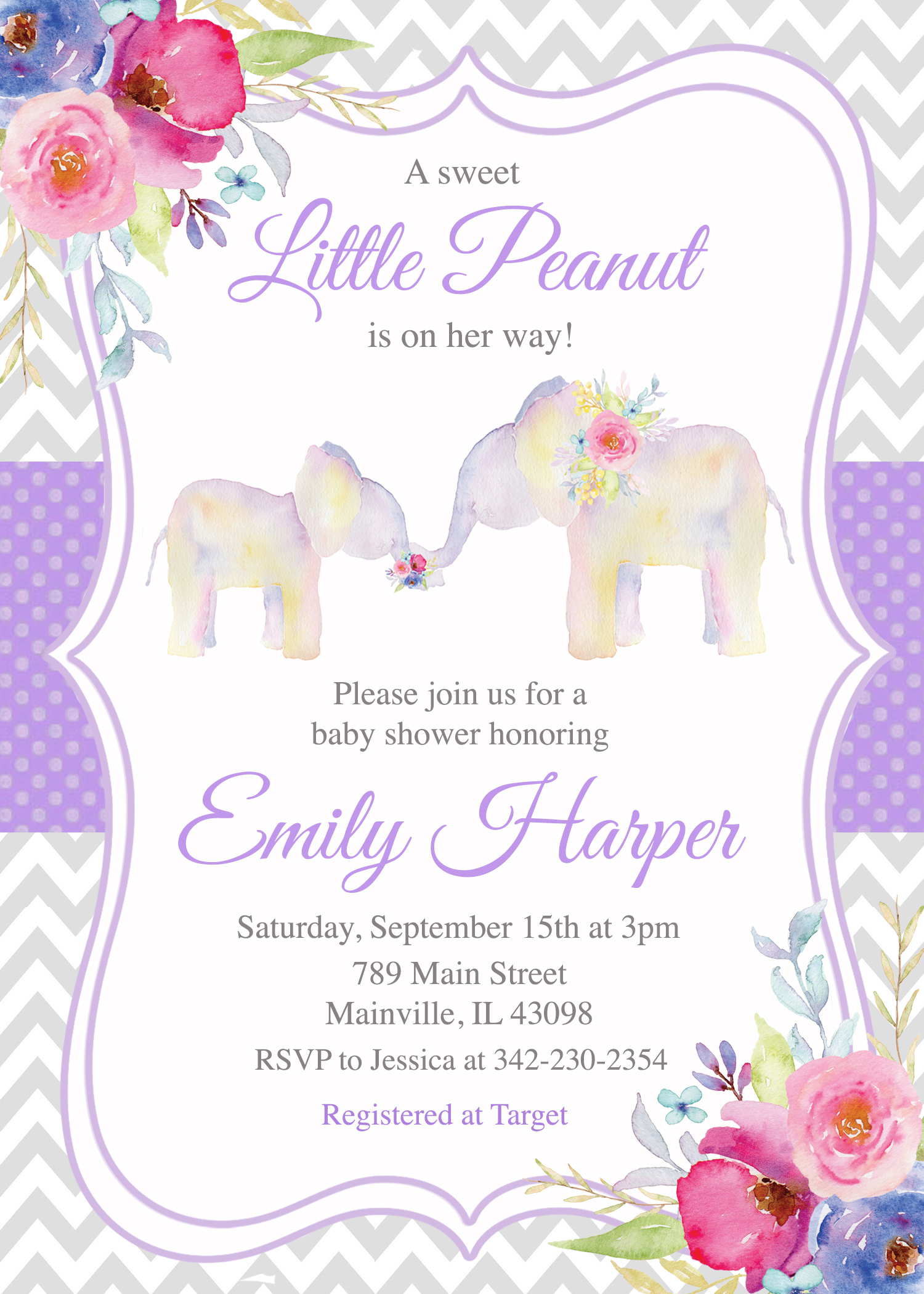 Elephant Baby Shower Invitation, Floral, Purple, Invitation Digital