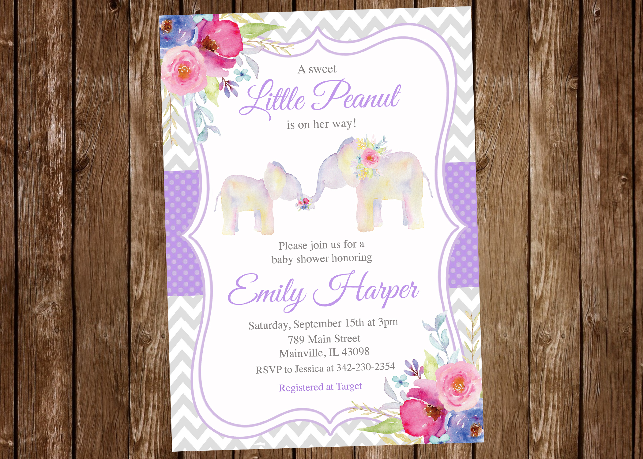 Elephant Baby Shower Invitation, Floral, Purple, Invitation Digital