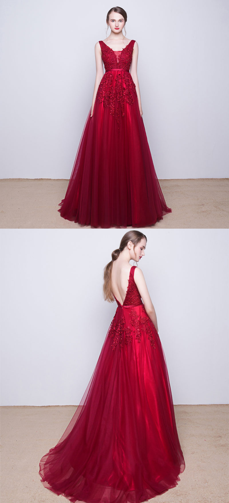 Burgundy v neck tulle lace long prom dress, lace evening dress · of girl · Online Store Powered