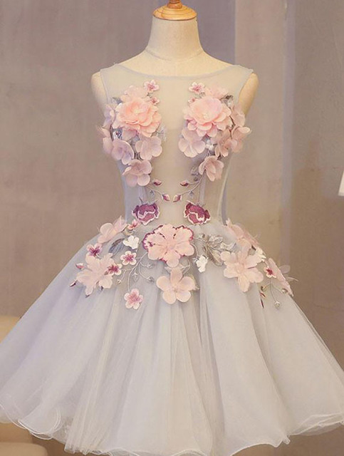 Cheap Prom Dresses by SweetheartDress · Gray tulle short 3D flower