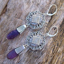 Antique Silver Filigree Lever Back Earrings with Purple Beads