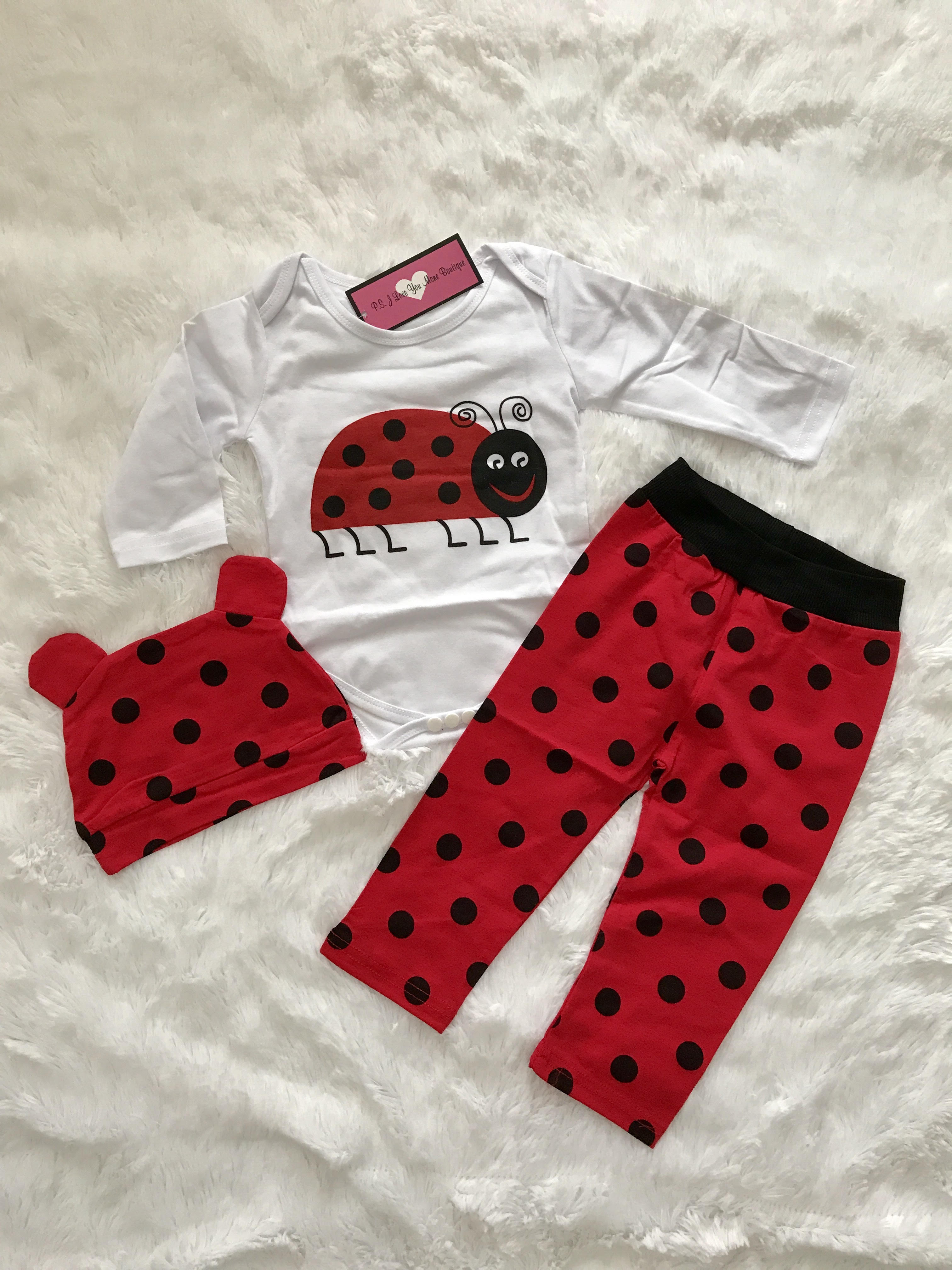 P.S. I Love You More Boutique Ladybug Onesie, Pants and Hat Set