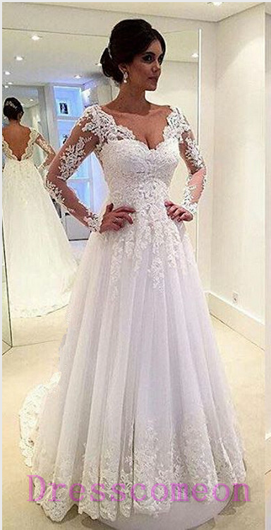 Long Sleeves White Lace Wedding Dresses 