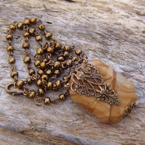 Wood Jasper and Antique Gold Pendant with Beaded Necklace