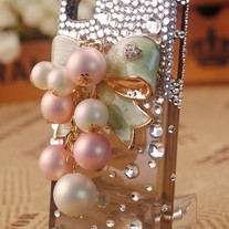 New Green Bling Bow With Big Pearl Grapes On Transparent Brown Case For iPhone 4