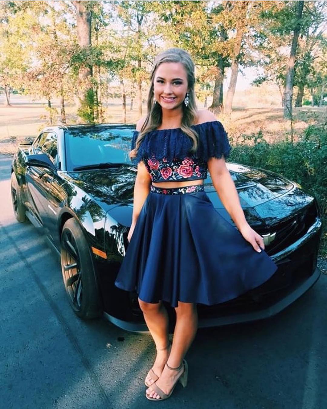 Unique Off the Shoulder Two Piece Floral Short Homeocming Dress