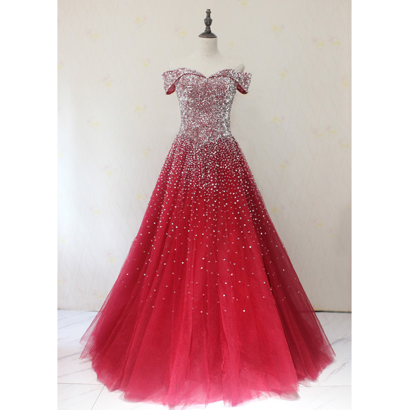 red off shoulder gown