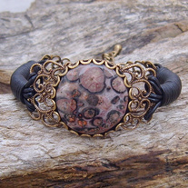 Leopard Skin Jasper and Black Leather Bracelet