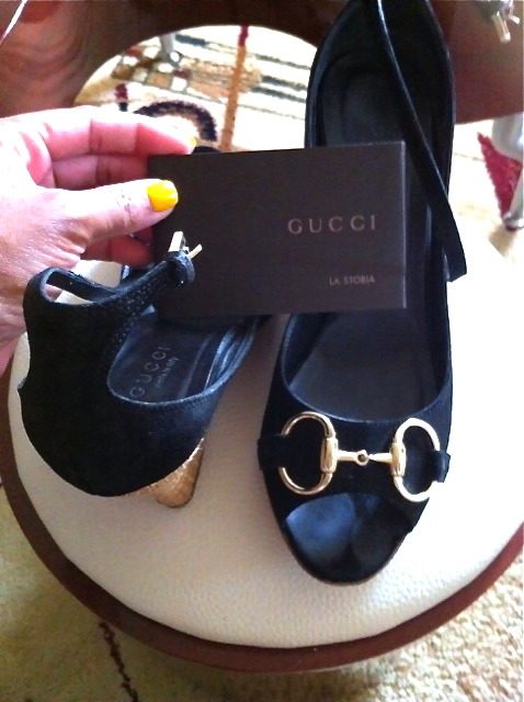 GUCCI ; Black SUEDE ANKLE STRAP HORSEBIT WICKER WEDGE SANDALS HEELS SHOES~6