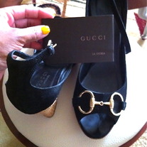 GUCCI ; Black SUEDE ANKLE STRAP HORSEBIT WICKER WEDGE SANDALS HEELS SHOES~6