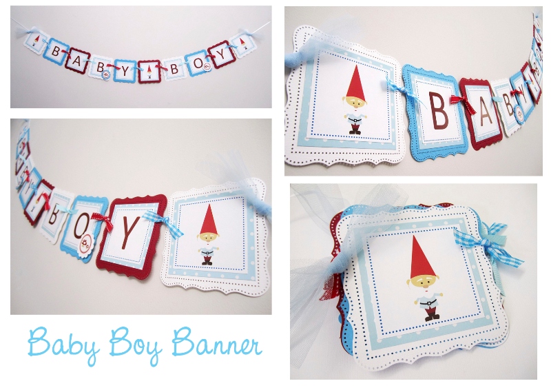 baby boy banner in gnome theme for baby shower or nursery decoration