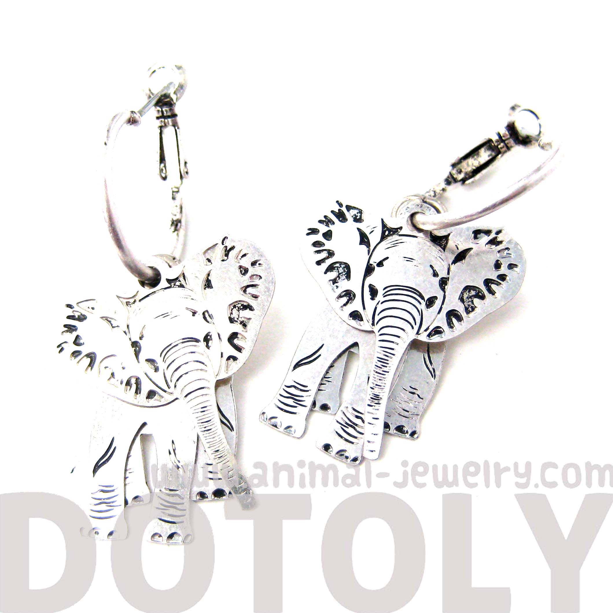 Realistic Elephant Shaped Three Part Dangle Earrings in Silver · DOTOLY
