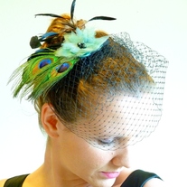 Peacock Bridal Fascinator with Green Organza Flower  - Thumbnail 2