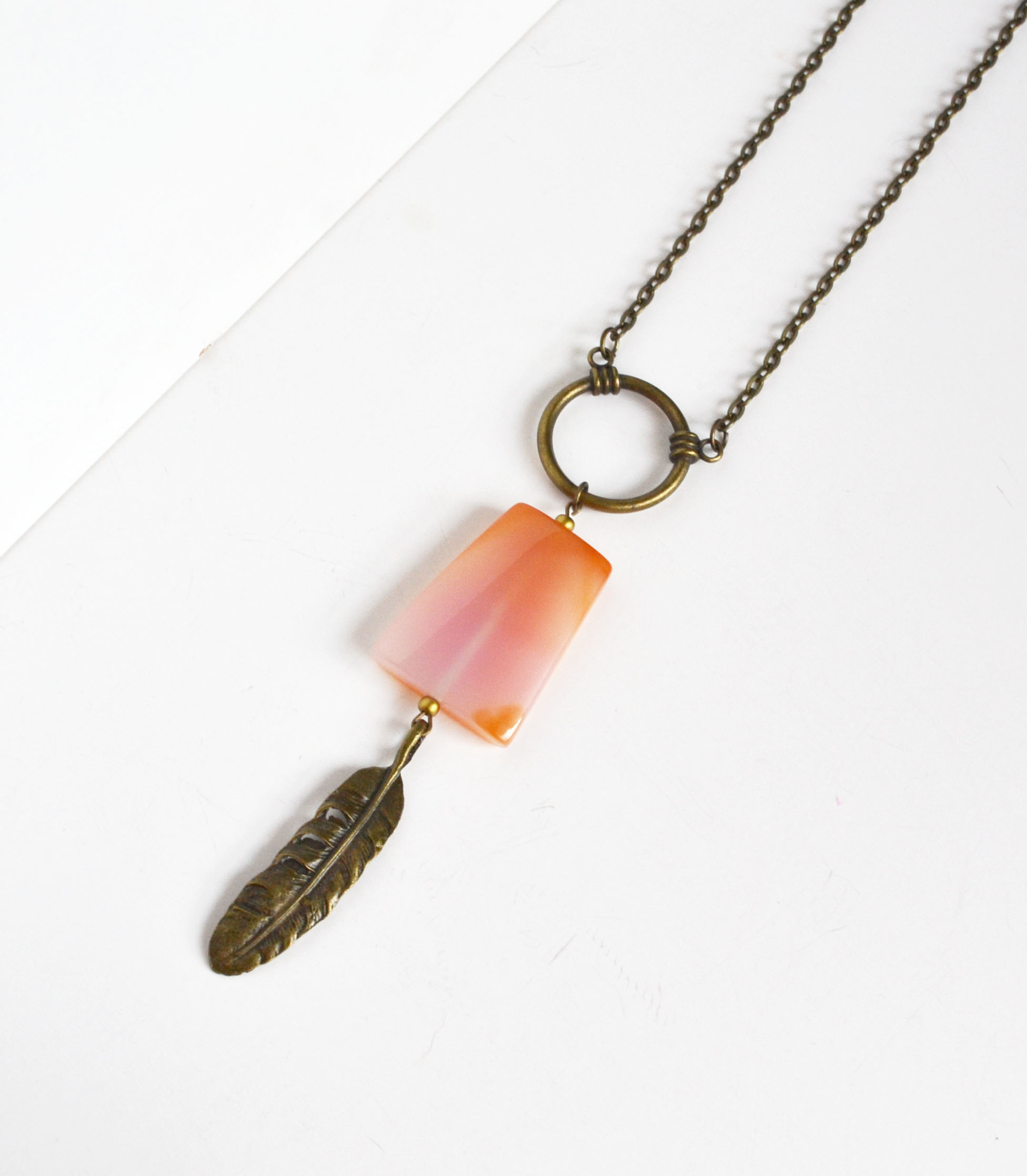 Long Necklace, Feather Necklace, Long Bohemian Style Necklace,Peach
