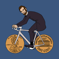 Abraham Lincoln on bike with penny wheels, 5x5 print
