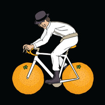 Alex from Clockwork Orange on bike with orange wheels, 5x5 print