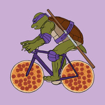 Donatello on bike with pizza wheels, 5x5 print