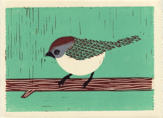 bushtit bird illustration linocut block art print blue blue green bird illustration