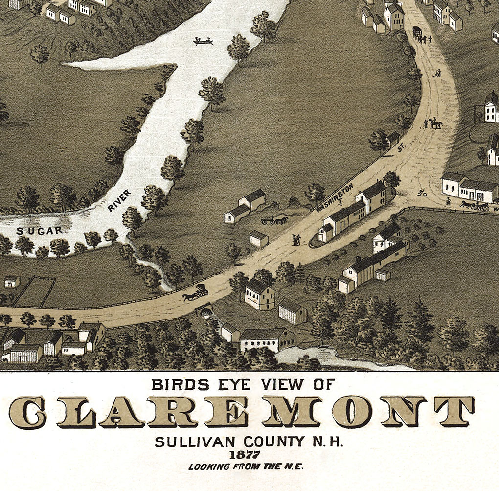Claremont, NH in 1877 Bird's Eye View Map, Aerial, Panorama, Vintage