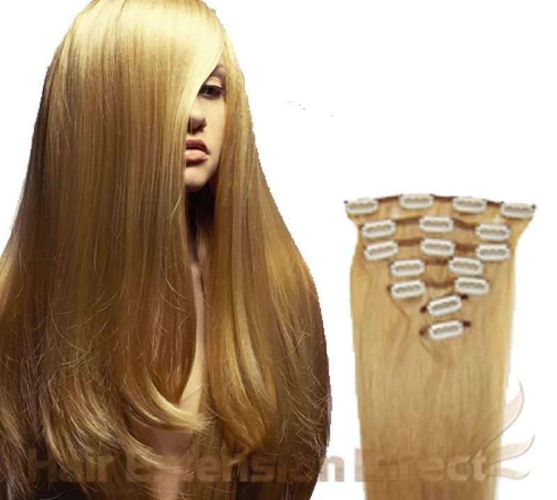 18 Golden Blonde Full Head Premium Clip In Hair Extensions On