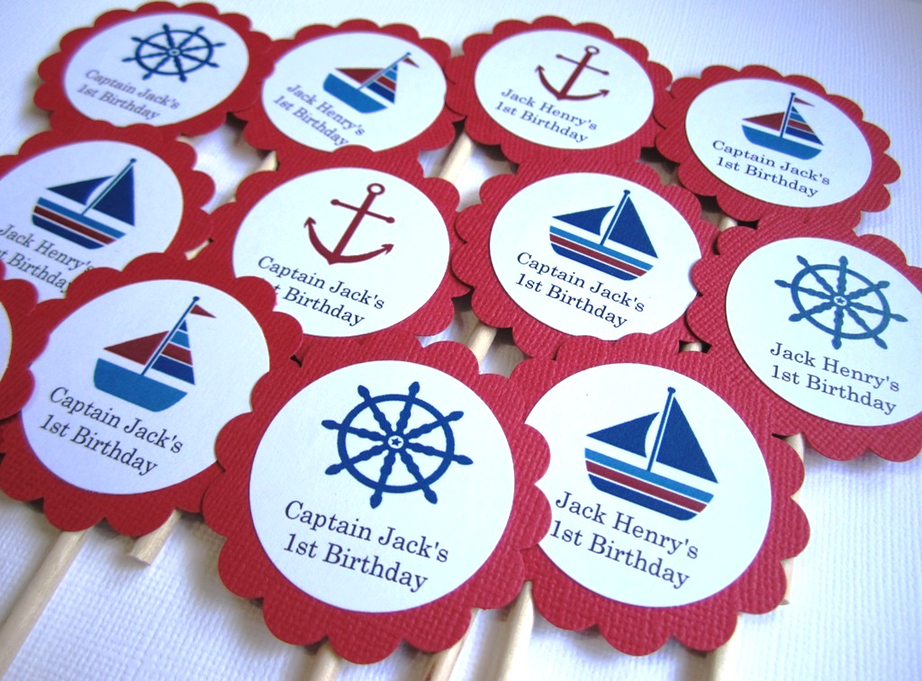 Personalized Nautical Cupcake Toppers in Red for Birthday ...
